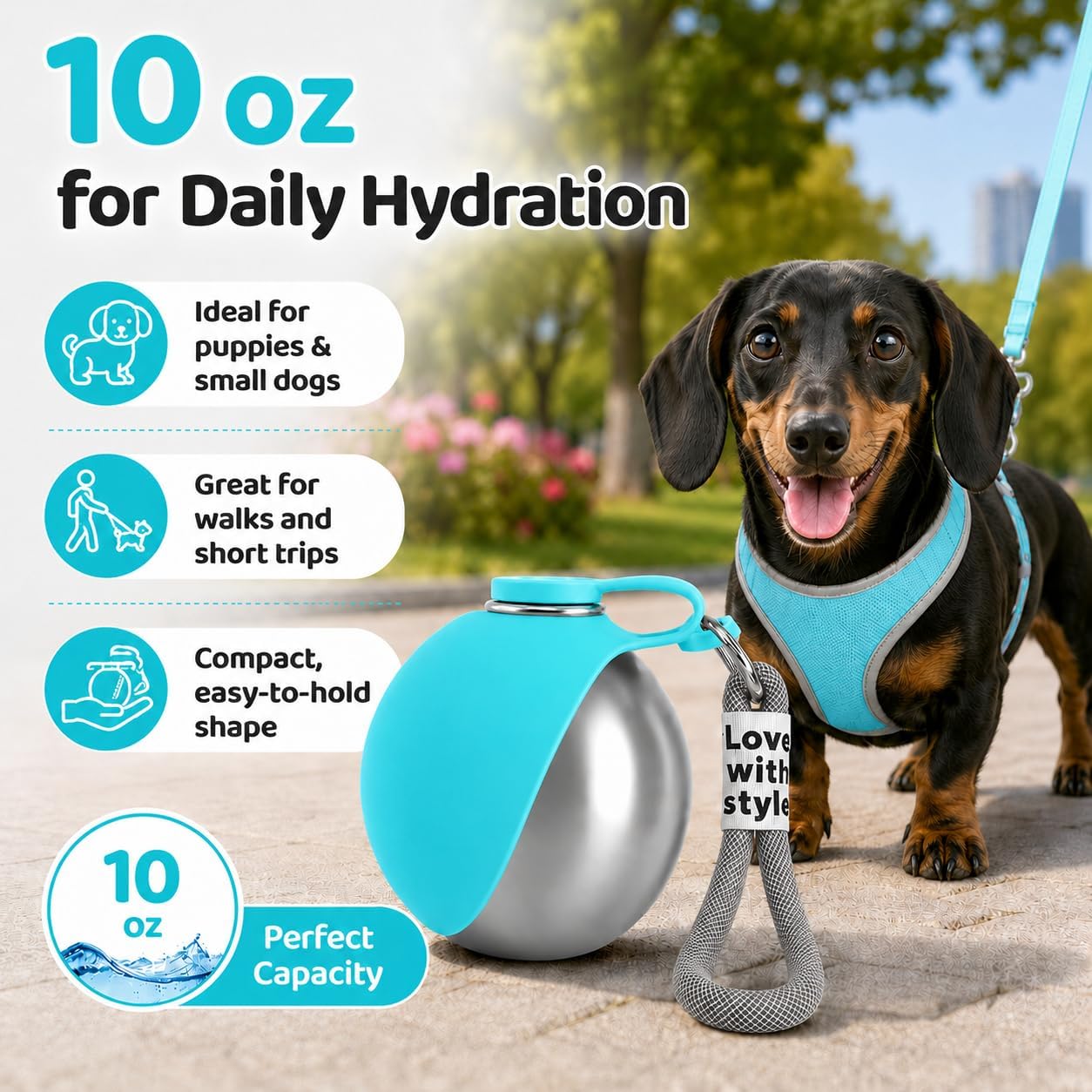 The Walk-Ready Pet Water Bottle with Bowl - 10 Oz (285 ml)